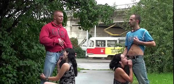  A pregnant girl in a public street foursome